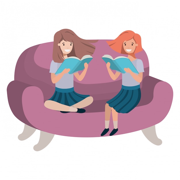 Women sitting in sofa with book avatar character