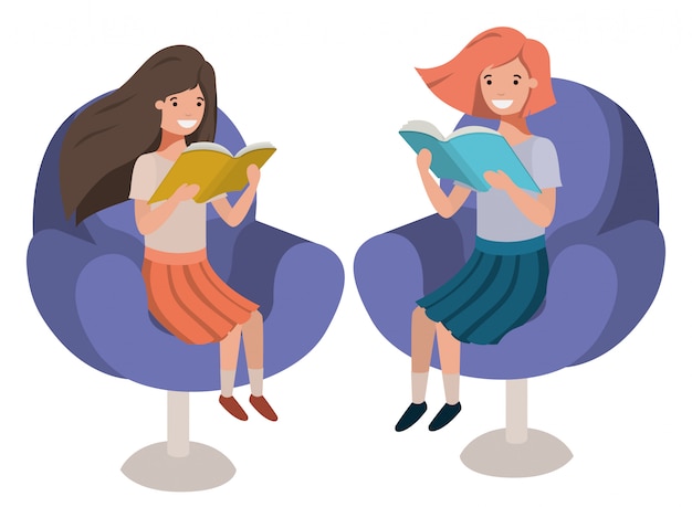 Women sitting in sofa with book avatar character