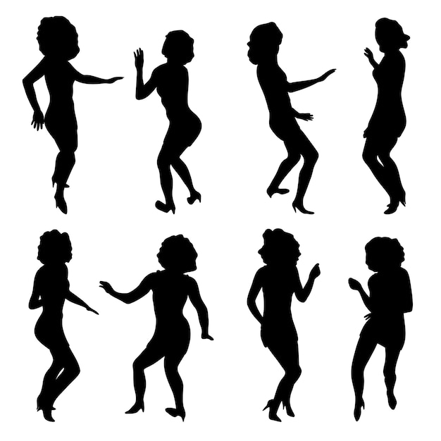 Women in skinny dress dancing black silhouettes Set of moving disco curly girl shapes Party abstract