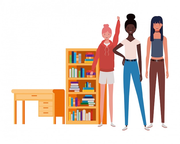 Women standing with bookshelf of wooden and books