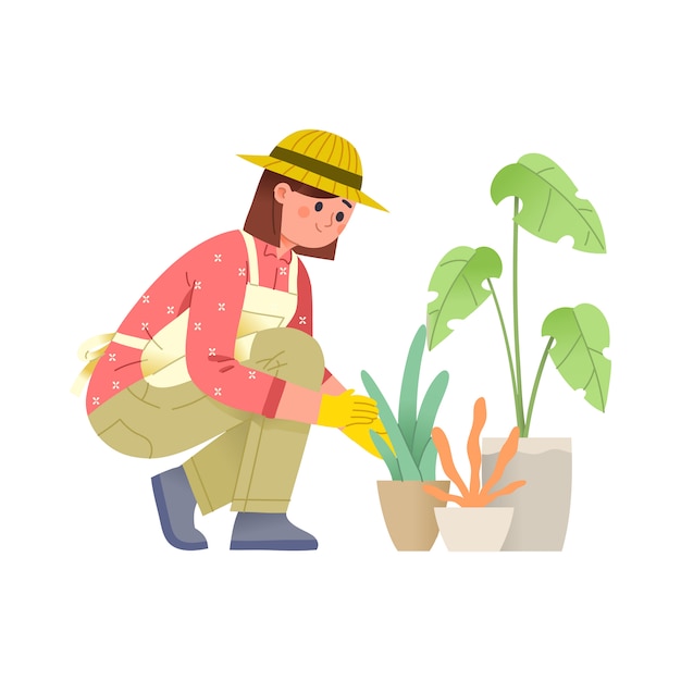 women take care of plants in pots with gloves