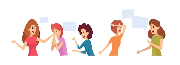 Women talking. Girl therapy group, happy sad female. People communication and conversation vector illustration. Therapy girl talking and communication, psychological depressed discuss