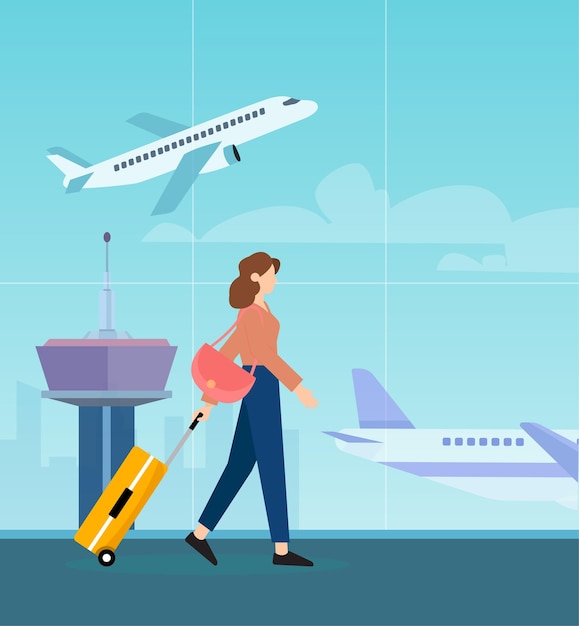 Women traveling at the airport terminal with suitcase to board the plane.