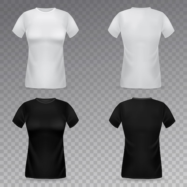 Women tshirt mockup Realistic black and white female tshirts front and back view template girls clothes marketing branding empty textile vector isolated on transparent background set