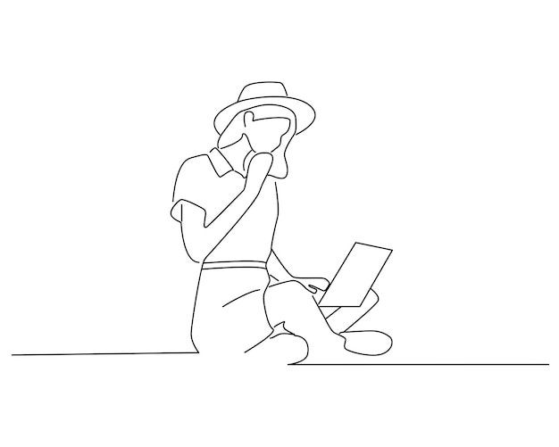 Women use laptop line art illustration