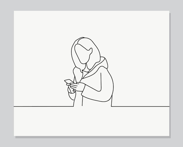 Women use phone line art or continuous one line illustration