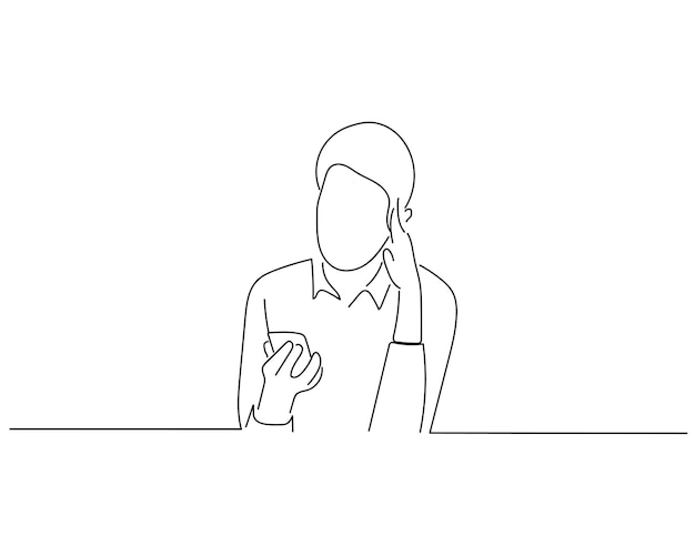 Women use phone sketch or continuous line art illustration