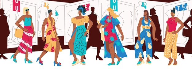 Women visit fashion boutique stores flat vector illustration