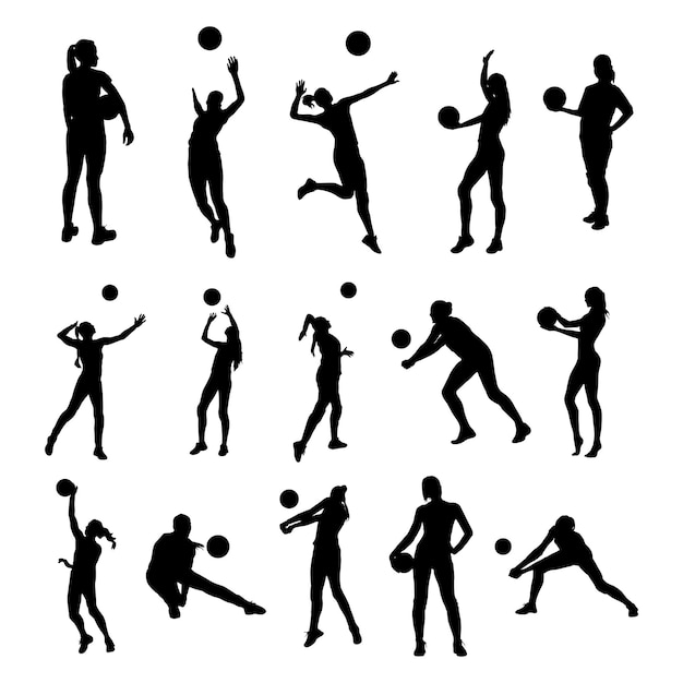 Women volleyball player silhouettes, Volleyball player women silhouettes collection.