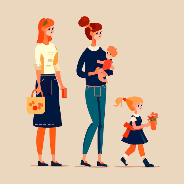 Women walking with little children loving family parenthood childcare concept mothers day card template