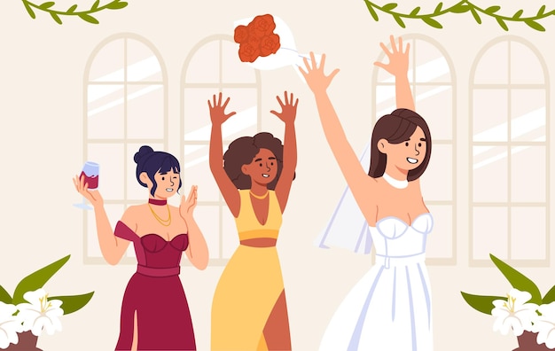 Women at wedding party concept Young girls at colorful dresses Bride with bridesmaids Character throws bouquet back Romance and love Wife in white dress Cartoon flat vector illustration