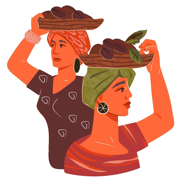 Women with baskets of coffee beans crop hand drawn flat illustration