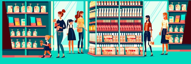 Women with children shopping at supermarket with products in cart people in store buying groceries