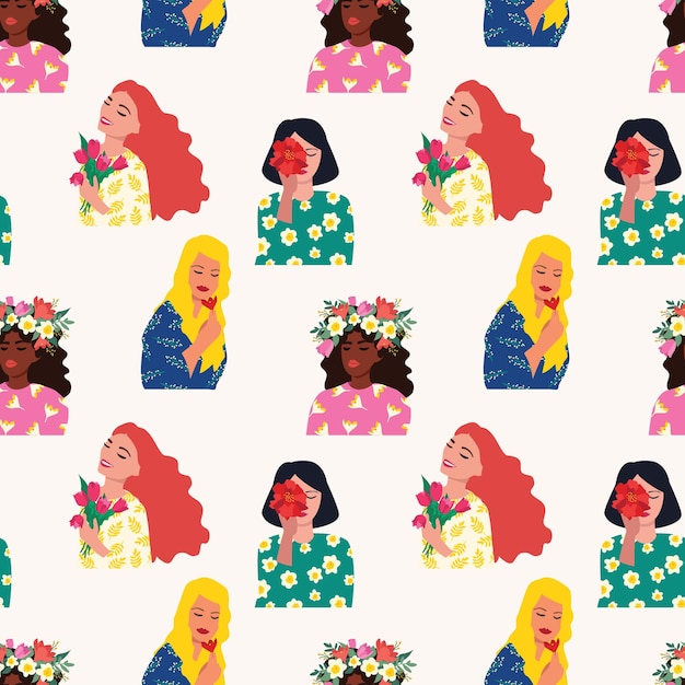 Women with flowers Seamless pattern vector illustration