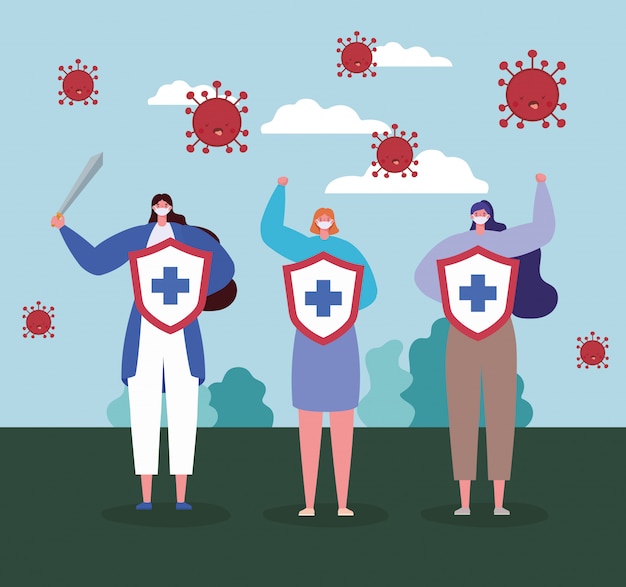 Women with masks shields with cross and sword design of Fight covid 19 virus and stop spread theme  illustration