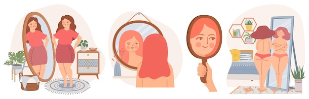 Women with mirrors. Confident young female look at reflection in mirror. Self acceptance concept. Girls in scandinavian interior vector set. Happy carefree overweight lady loving her body,