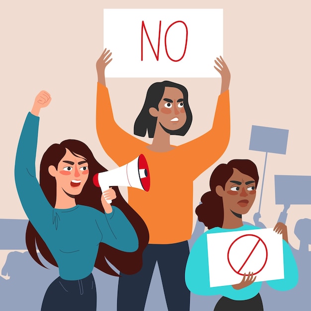 Women with placards and loudspeakers at the protest Fight for equality women's rights Vector flat illustration