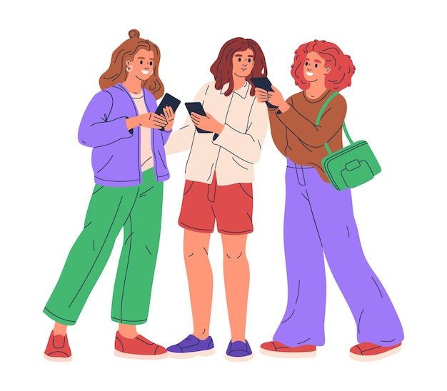 Vector women with smartphones flat vector illustration young women with phones on white