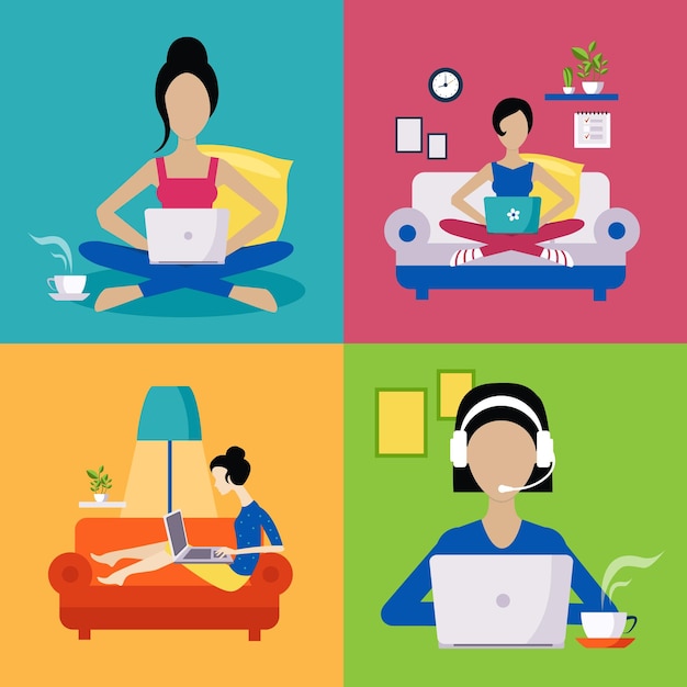 Women Working Freelance Illustration Set