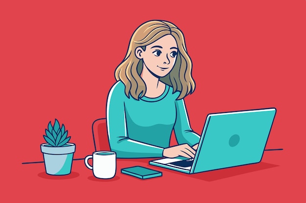 women working with laptop skatch art vector illustration