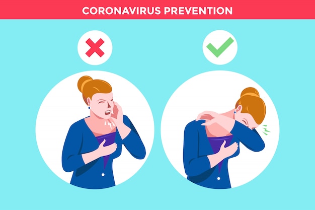 Women for wrong cough in hand and the correct method in napkin and elbow fold to corona virus prevention