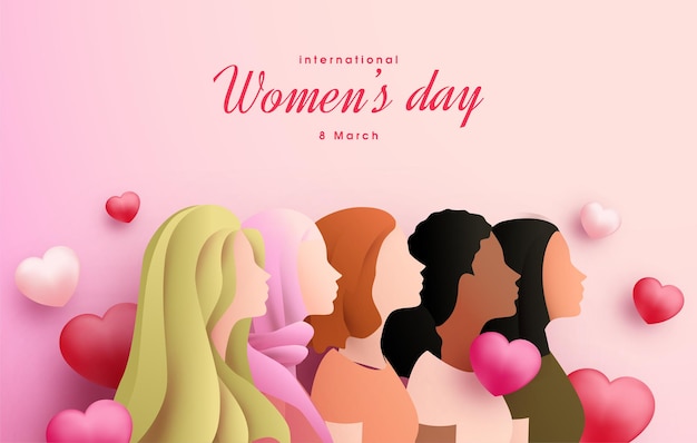 Womens day background with illustrations of several women lined up