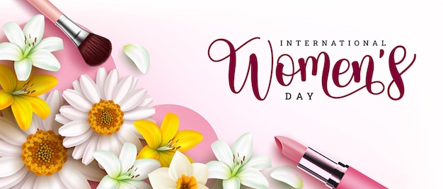 Womens day vector background design International womens day text with cosmetic brush lipstick