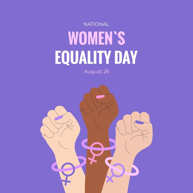 Vector womens equality day banner card poster background template with raised up fist venus sign and text