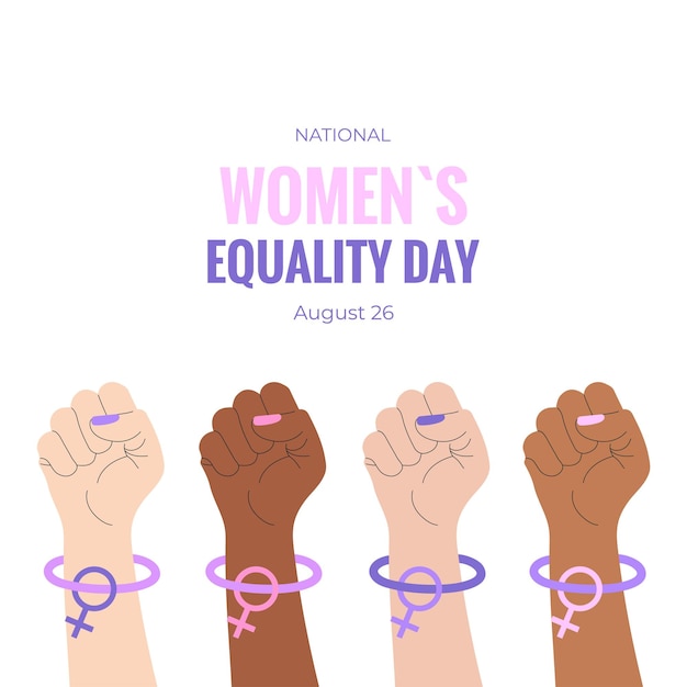 Vector womens equality day banner postcard poster background template with raised up fist venus sign