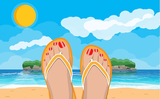 Vector womens feet in flip flops. landscape of beach