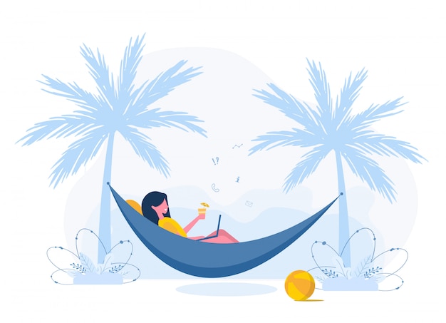 Womens freelance. Girl with laptop lies in hammock under palm trees with cocktail. Concept illustration for working outdoors, studying, communication, healthy lifestyle. Flat style.