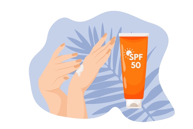 Womens hands apply cream on blue background with palm leaves Sunscreen moisturizer sunscreen