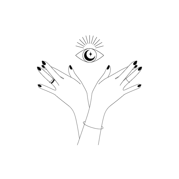 Womens hands with magic eye in in simple line art style Esoteric and mystical Vision of Providence symbol for branding or logo cosmetics and beauty productsTarot reader Doodle Vector illustration