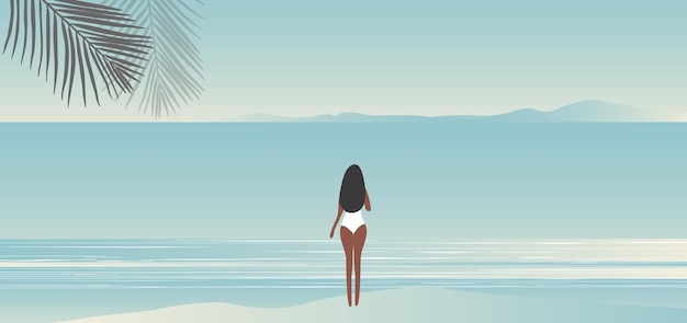 Vector a womsummer holidays concept woman standing on beach scene vectoran in a bikini swims in the ocean