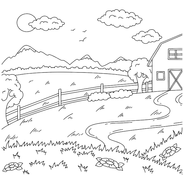 Wonderful natural landscape on farm. Coloring book page for kids.