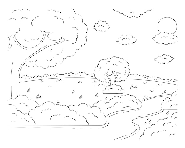 Wonderful natural landscape Road in the forest clearing Coloring book page for kids Cartoon style