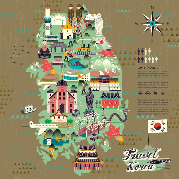 Wonderful South Korea travel map with attractions design