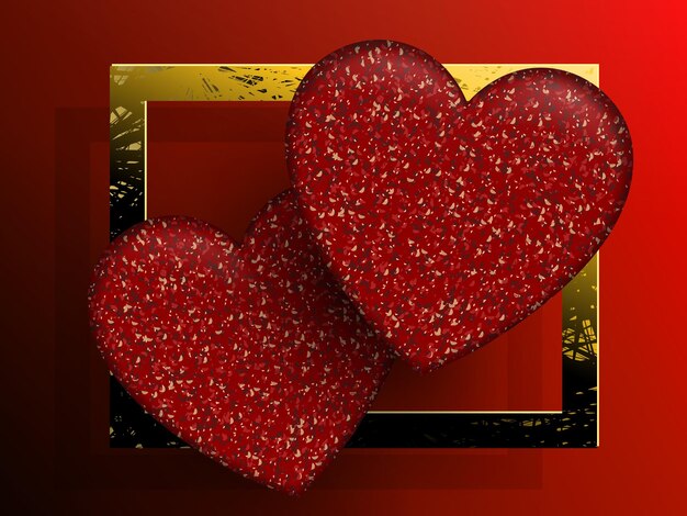 Vector wonderful textured red hearts 3d effect gold rectangular frame