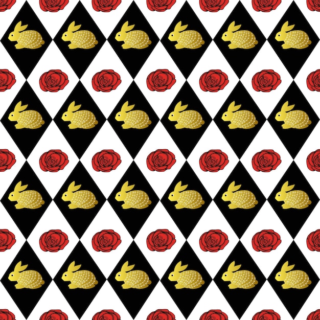 Wonderland background with rabbits and red roses on chessboard