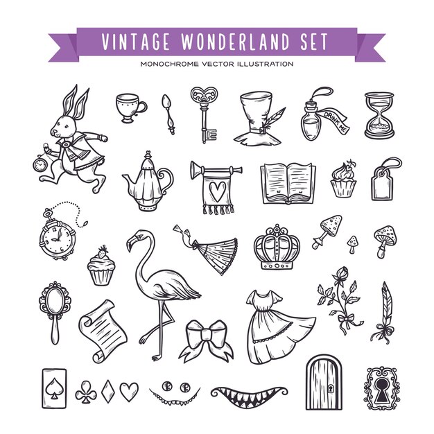 Wonderland hand drawn set of design elements Vector vintage illustration