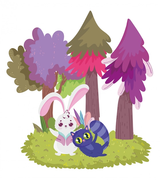 Wonderland, rabbit and cat pine trees cartoon