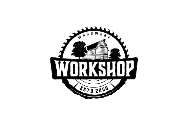 Wood Barn logo design wood house carpenter workshop with circular saw emblem banner vintage