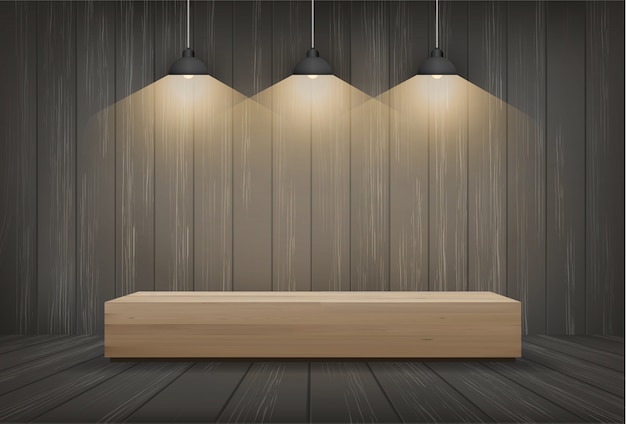 Wood bench in dark room space background with light bulb.