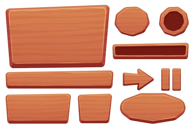 Vector wood button set in cartoon style with cracked details isolated on white background game assets ui