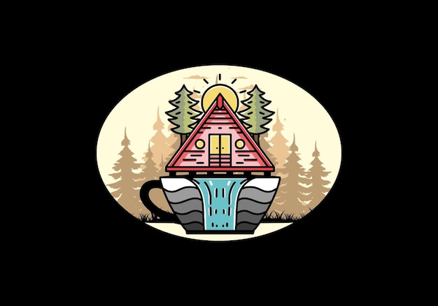 Wood cabin and pine trees on the coffee cup shape with waterfall illustration