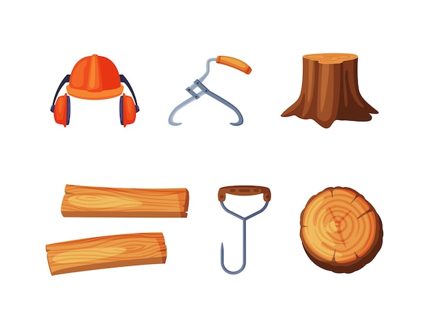 Wood Chopping Equipment with Helmet Hook Stump and Lumber Material Vector Set Woodcutting Tool for Tree or Timber Felling Concept