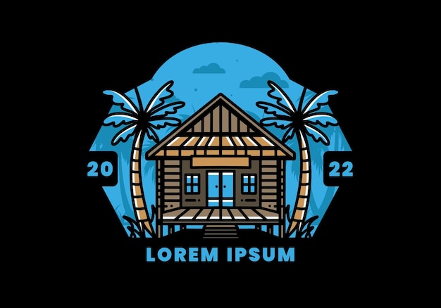 Wood house on the beach illustration badge design