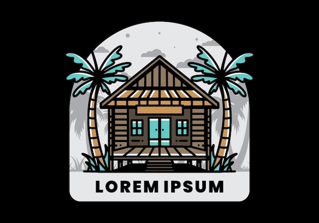 Wood house on the beach illustration badge design