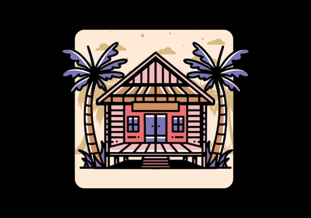 Wood house on the beach illustration badge design