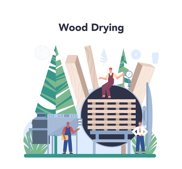 Vector wood industry concept wood drying as a forestry production line process dryer control logging and woodworking process isolated flat vector illustration